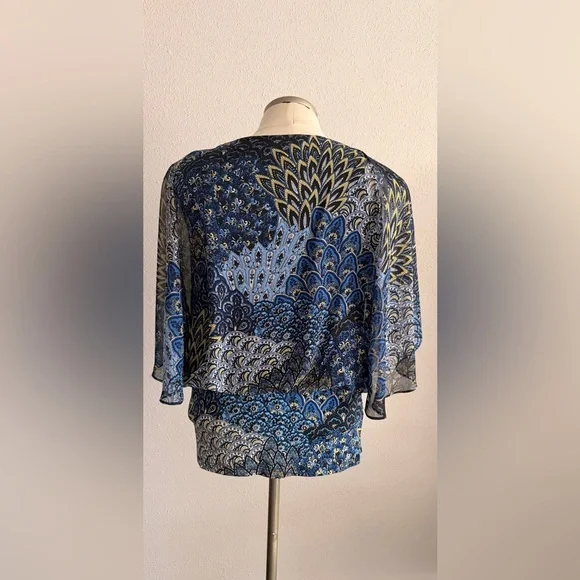 Coco Bianco Blue and Yellow Feather Print Blouse Small - Picture 3 of 5